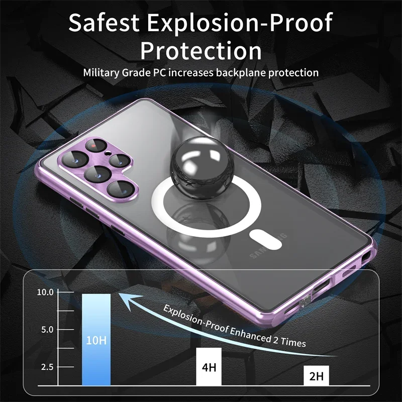 For Samsung Galaxy S23 S24 S22 Ultra Case Magnetic Magsafe 360 Full Screen Glass Metal Aluminum Alloy Frosted Protection Cover