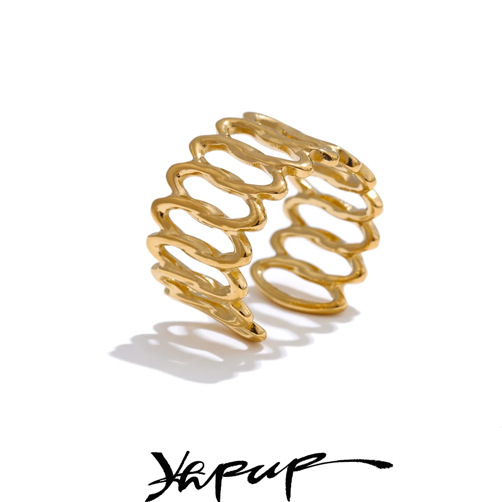 Yhpup Steel Geometric Hollow Distinctive Ring
