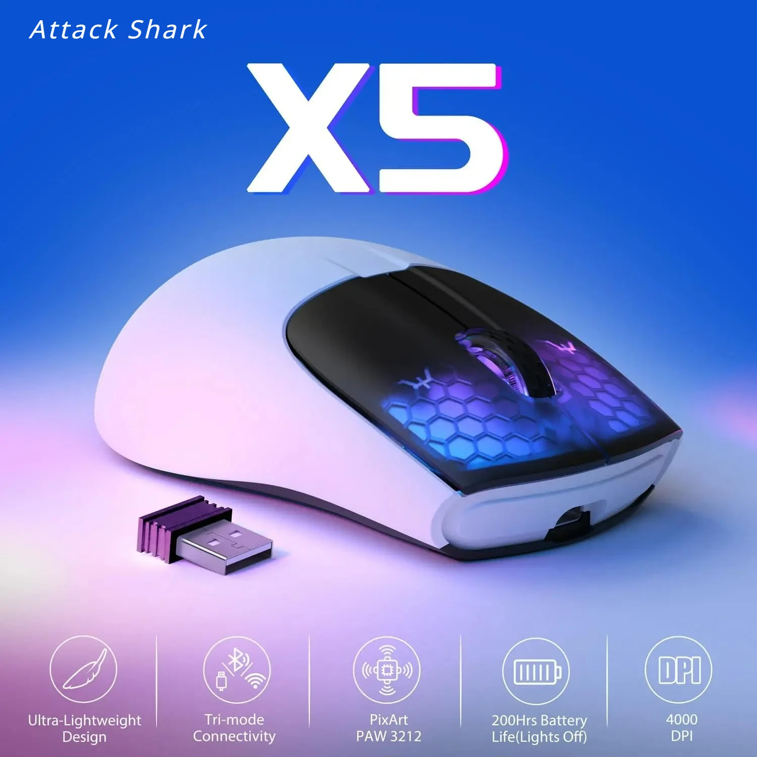 

Беспроводная Bluetooth-мышь Attack Shark X5, 4000DPI, 2,4 ГГц