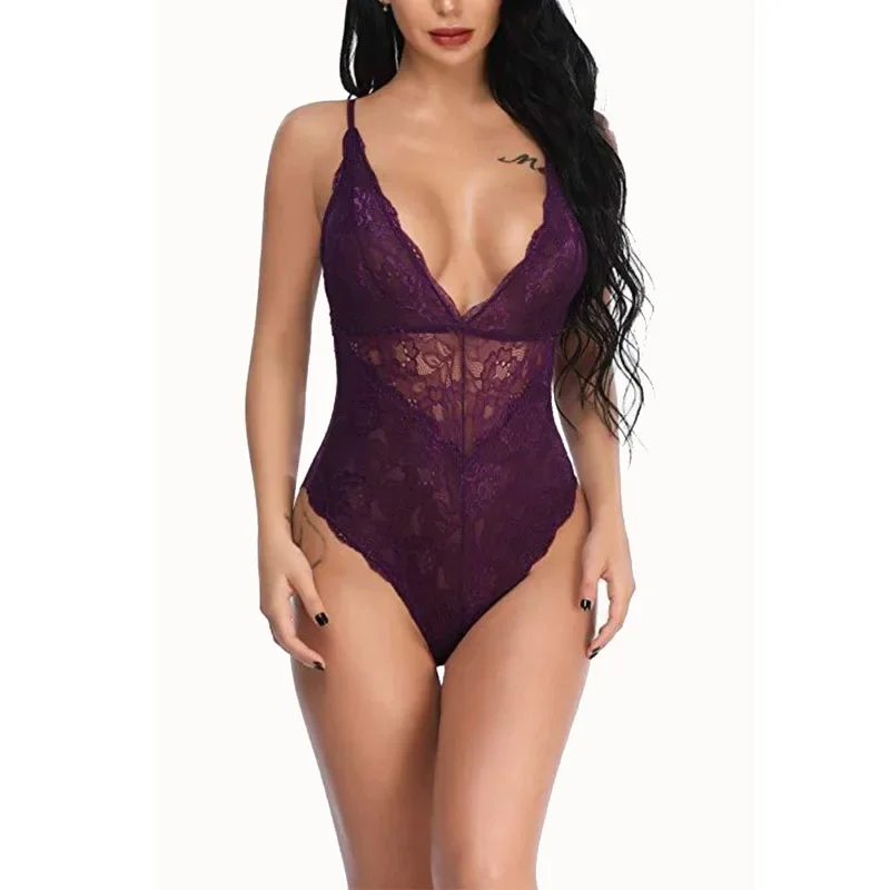 

Fashion Sexy Floral Hollowed Out Lace Bodysuit Strappy Women's Jumpsuit Female Nightgown Sleepwear Fun Lingerie Body Shaper