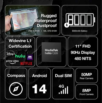 Amecrian Version AGM PAD P2 Active 11” FHD Rugged Tablet P2W Waterproof, Drop-proof, 8GB+256GB, Android 14, G99, Widevine L1 2