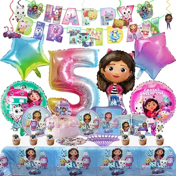 Gabbys Dollhouse Birthday Party Decoration Cat Event Supplies Kids Girl Latex Aluminum Foil Balloon Disposable Tableware Banner 1