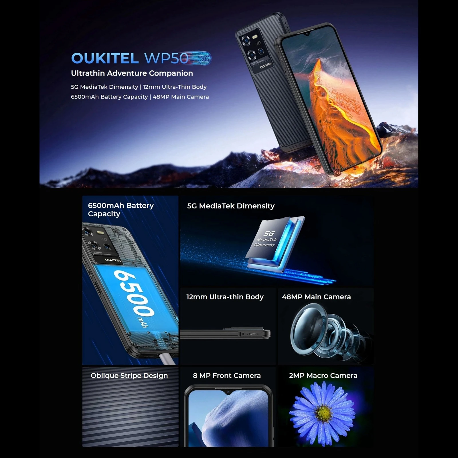 Oukitel WP50 5G Rugged Phone 4GB+256GB 6.6 inch Android 14.0 MediaTek Dimensity 6100+ Octa-core 48MP NFC 5G Smartphone