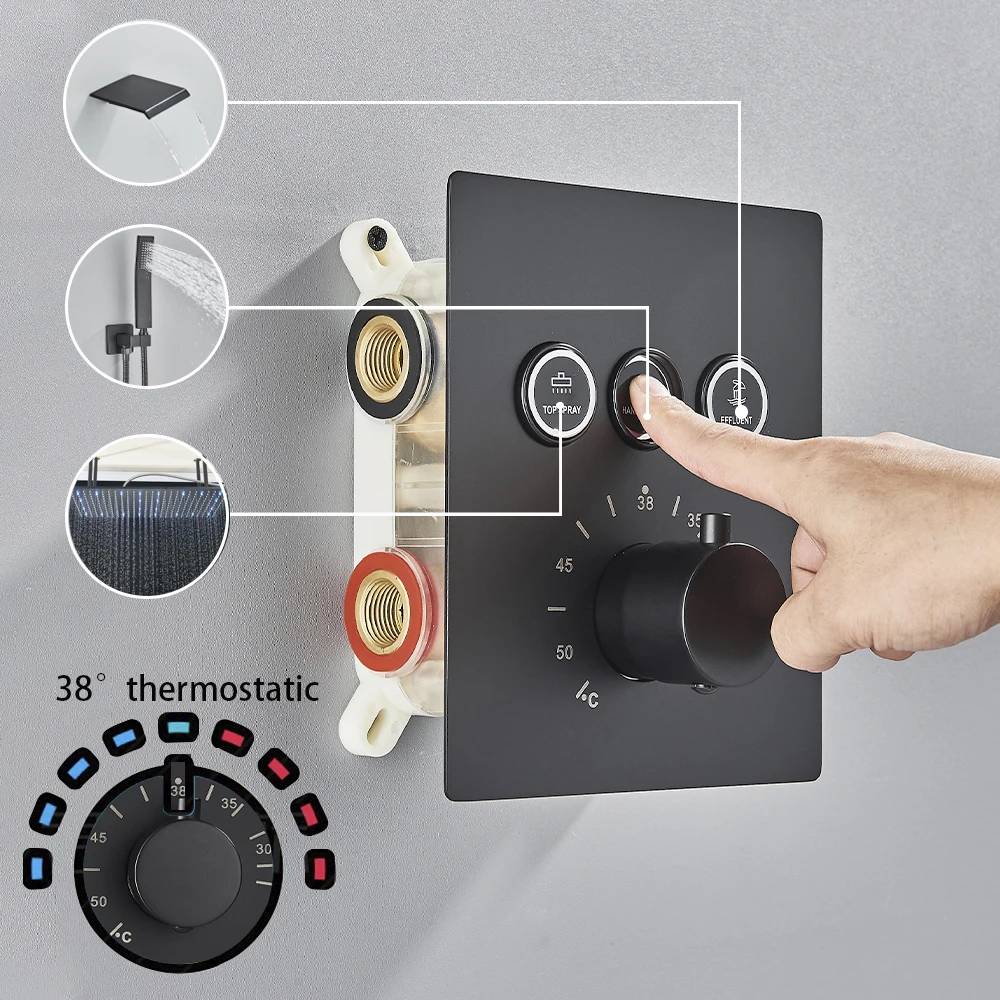 Ceiling  Shower Faucet Big Rainfall LED Shower Head Concealed Shower System Black Embedded Shower 4