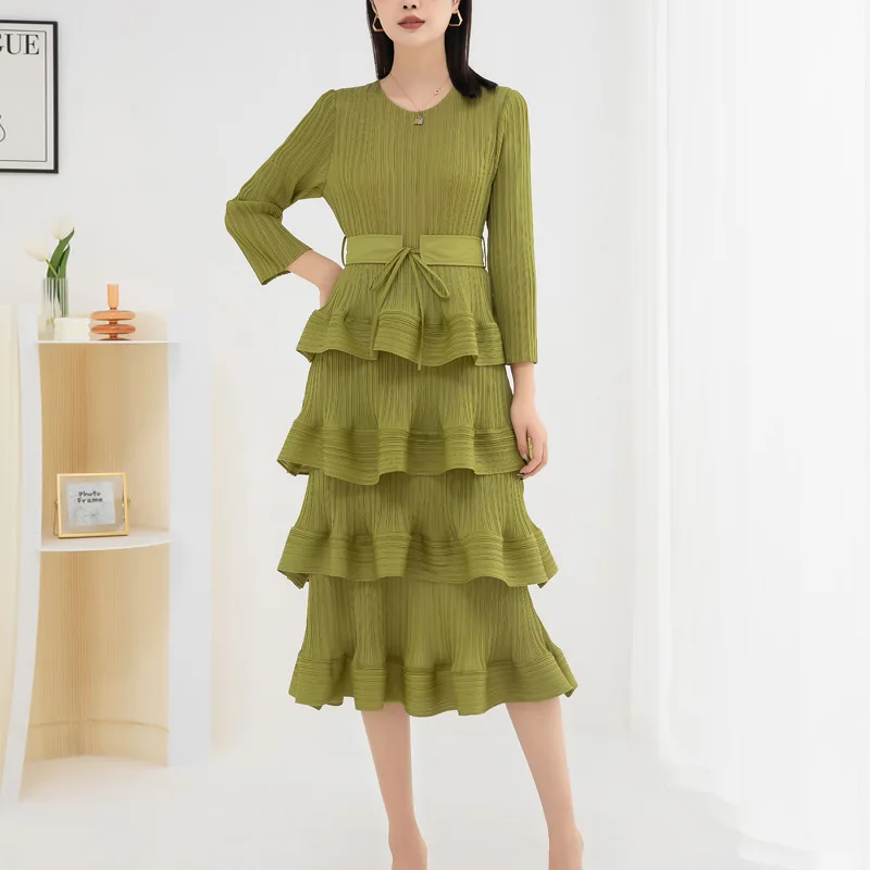 

Miyake Pleated Dress Women 2023 Spring Autumn New Round Neck 3/4 Sleeve Lace-up Stretch Slim-Fitting Patchwork Cake Midi Dress