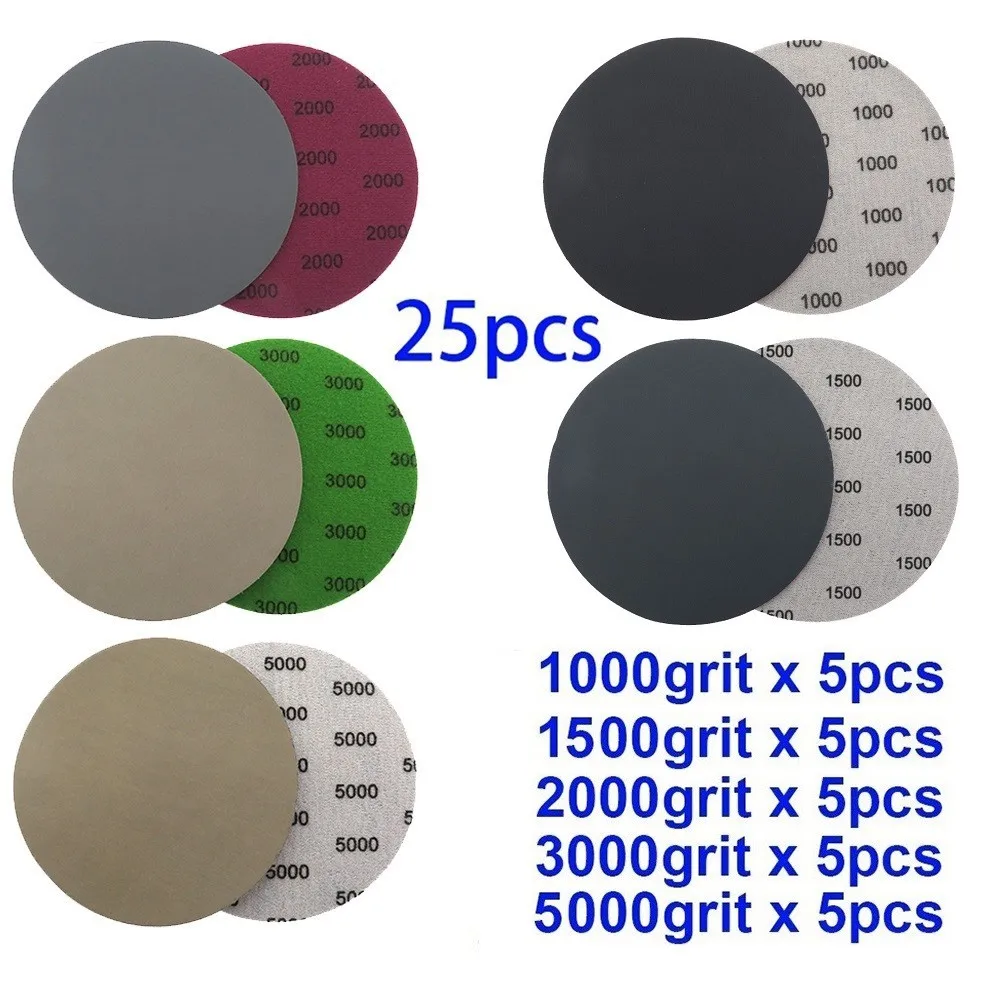 

25 PCS 5 Inch Hook&Loop Wet/Dry 1000 1500 2000 3000 5000 Grit Sandpaper Disc Polish Pad Plate For Rotary Sander Sanding Paper