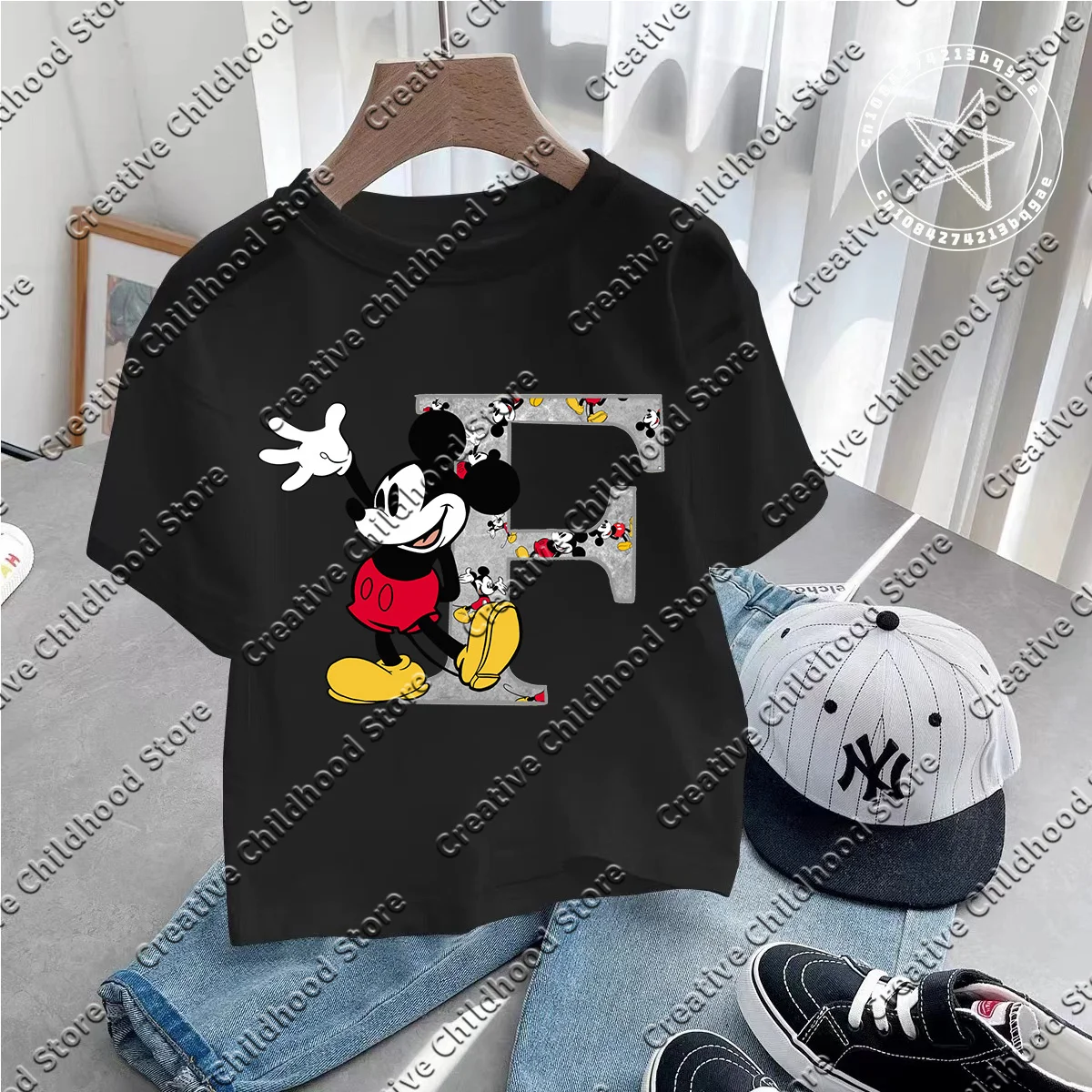 2025 Summer Disney Mickey Mouse A-Z 26 English Letter Graphic girls T-shirt boys Y2K New Tee Top Harajuku Female O Neck Clothes 6