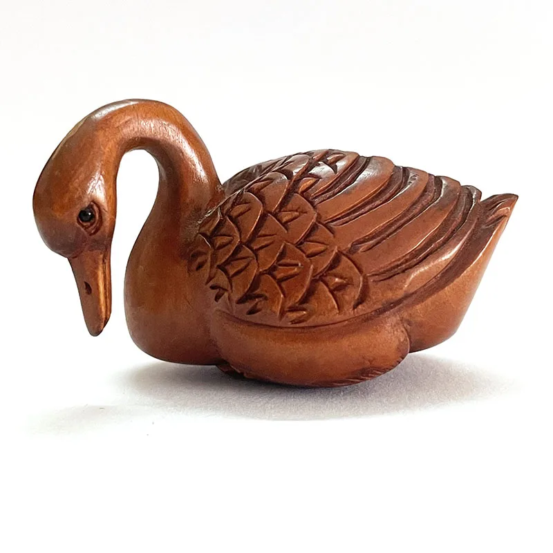 Y090 - Collectible 20 Years Old 2" Hand Carved Boxwood Netsuke Figuring Carving : Pretty Swan