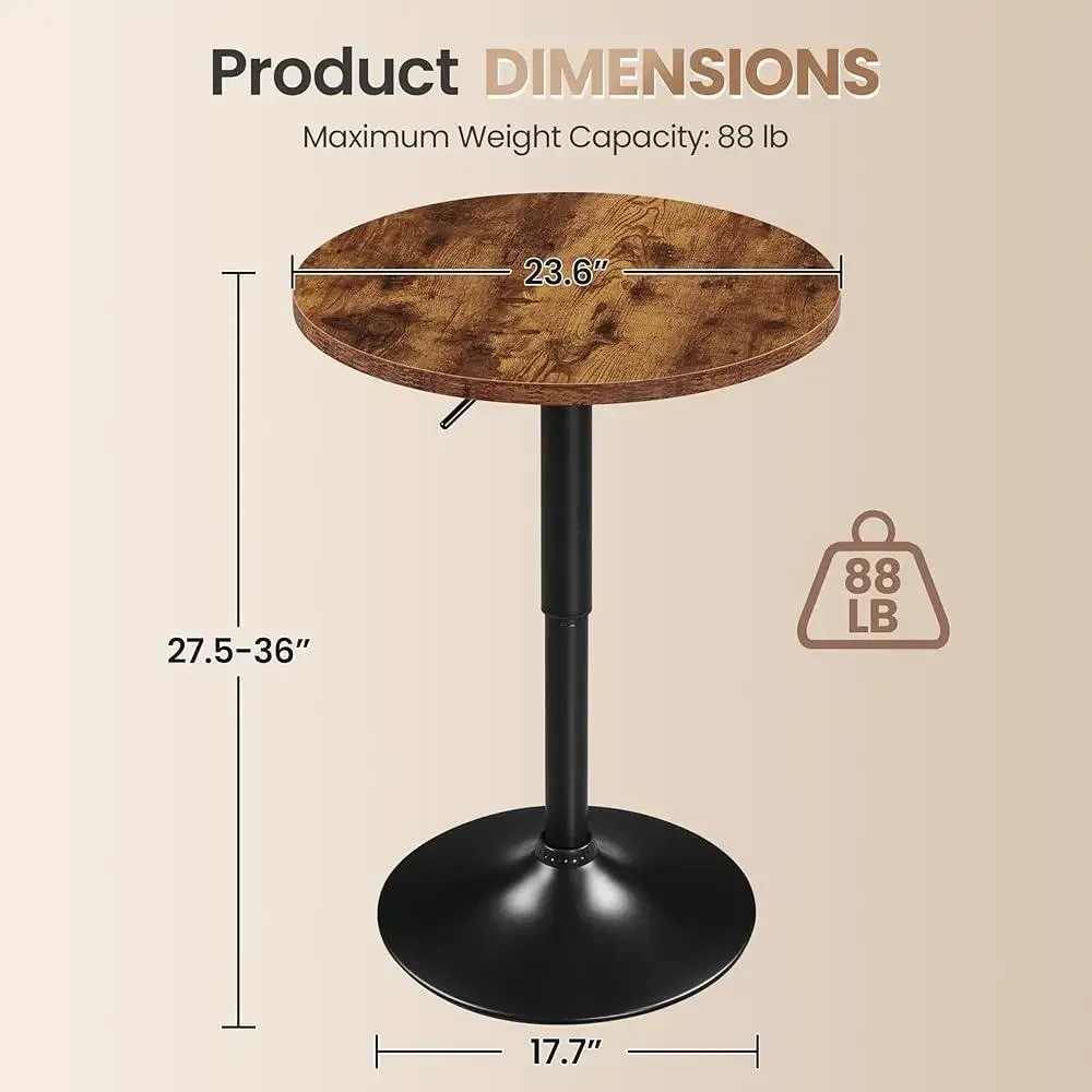 Round Pub Table Height Adjustable with 360 Swivel MDF Tabletop Dining Bistro Cafe Home Bar Rustic Brown 4