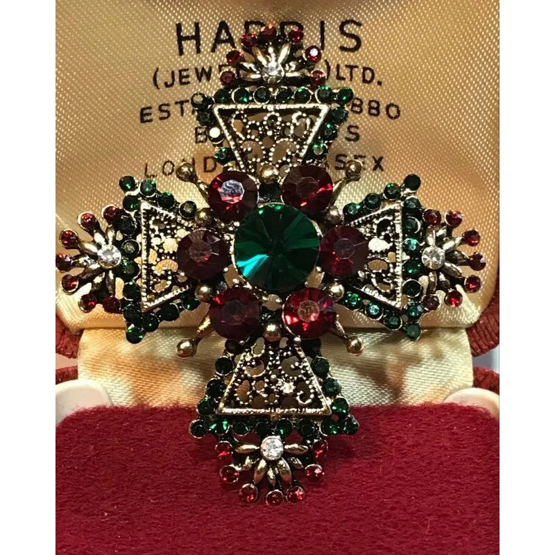 Broche Croix De Malte Filigrane Strass Vert Et Rouge - Vintage, Teinte Argentée, Occasion