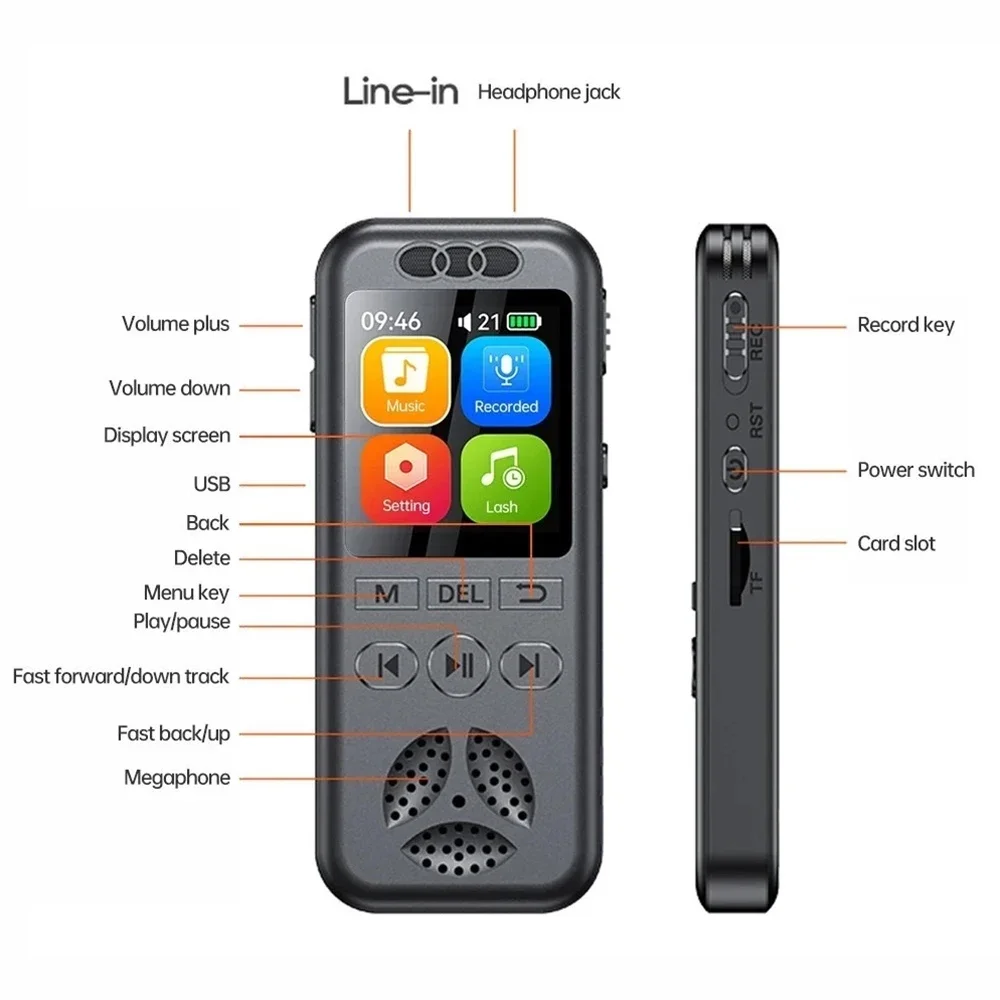 Digital Voice Recorder Professional Dictaphone Voice Activated Audio Recording WAV Noise Reduction Long Time Record MP3 Player