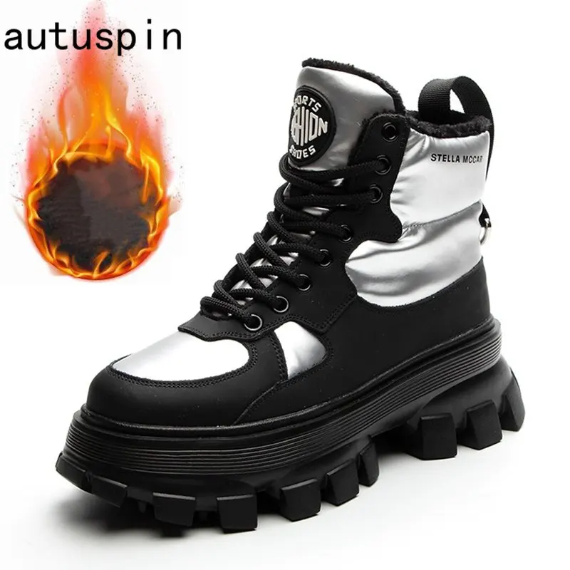 

Autuspin 6cm Platfrom Motorcycle Boots Women 2023 Winter Retro Genuine Leather Short Booties Office Ladies Lace-up Warm Shoes