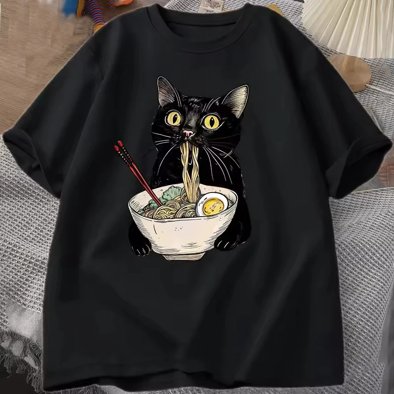 Cotton Noodle Ramen Cat T Shirt Foodie Lover T Shirts Black Cat T-Shirts Retro Casual Short Sleeve Tshirt Men Women Clothes – Detail 3