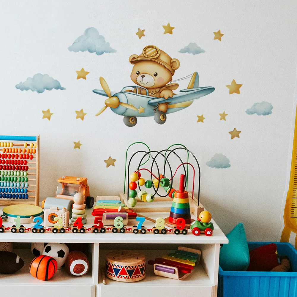 Cartoon Bear Airplane Wall Stickers Child Room Background Decoration Mural Kids Bedroom Home Decor Self-adhesive Nursery Decals