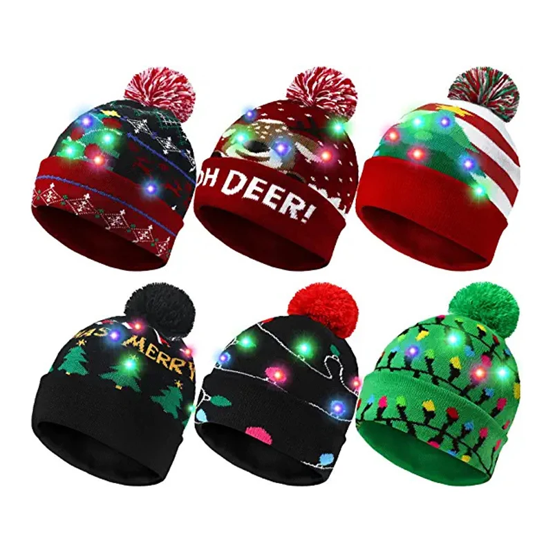 Christmas Hats With Led Light Christmas Light Up Sweater Knitted Beanie Xmas Hat for Adults Kids New Year's Decor