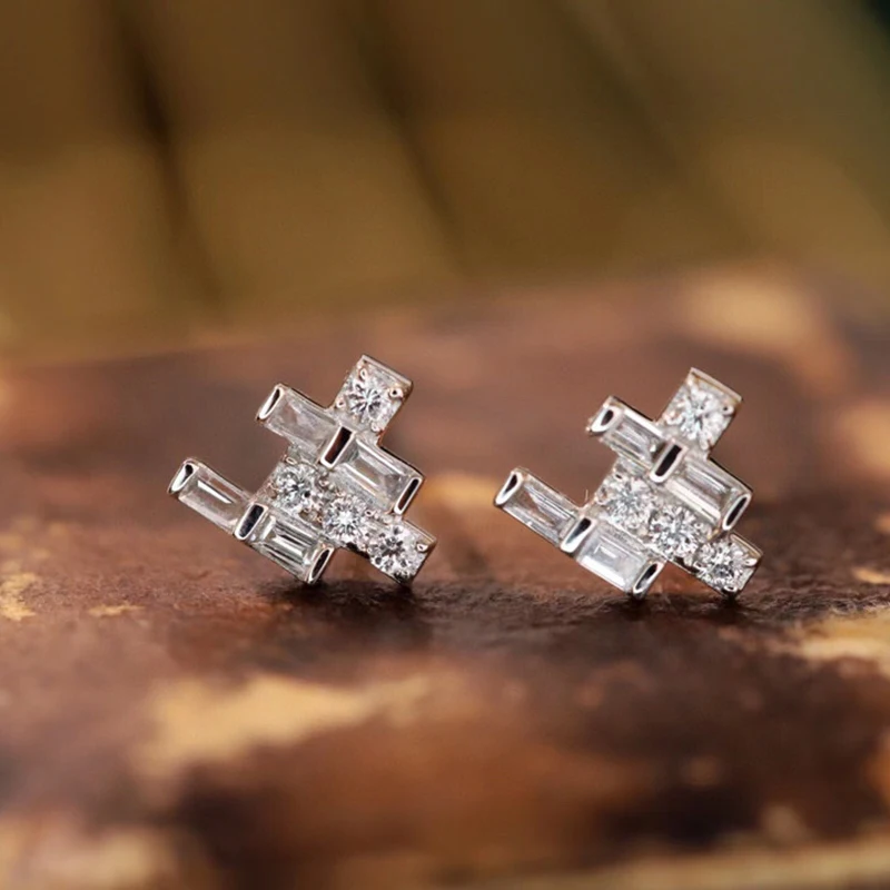 Aazuo 18K Pure White Gold Real Diamonds 0.20ct Fairy Geometry Stud Earring Gifted For Girls & Woman Birthday Party Fine Jewelry