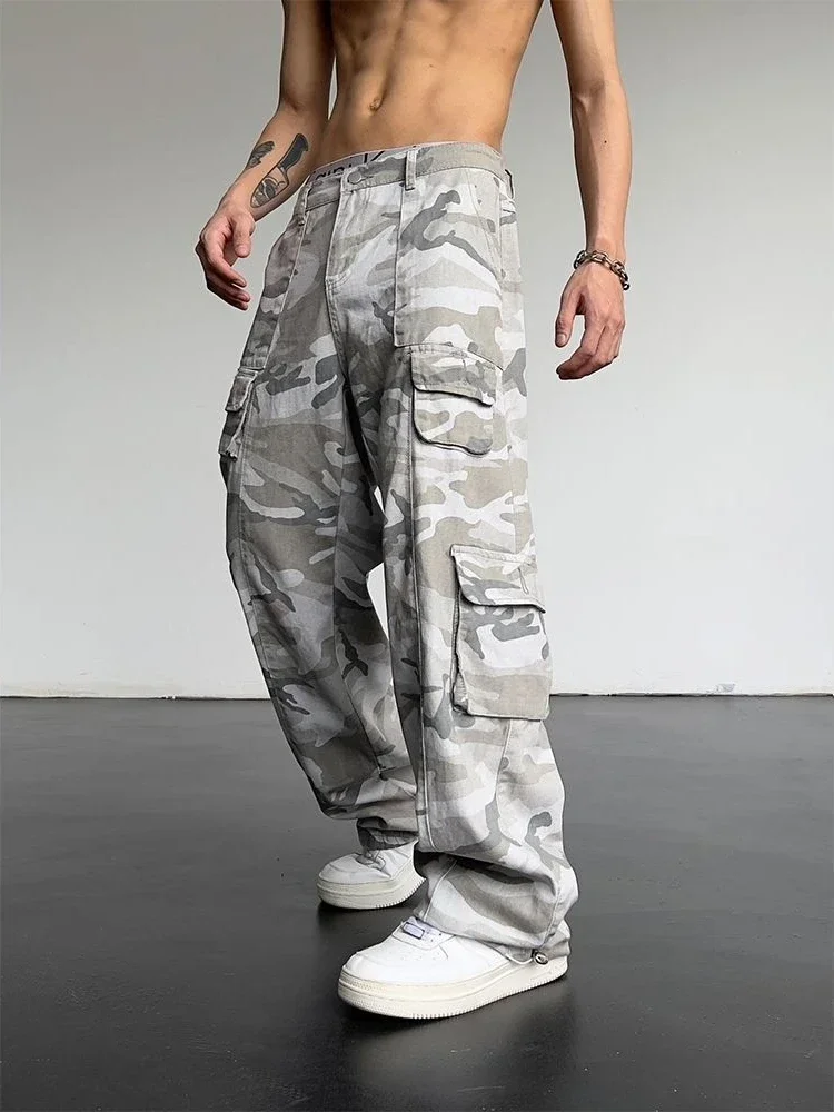 Pantalones cargo rectos de camuflaje de trekking gris para hombre Pantalones de hombre Ropa de algodón ancha Spandex Ajuste regular Diseñador Nuevo en