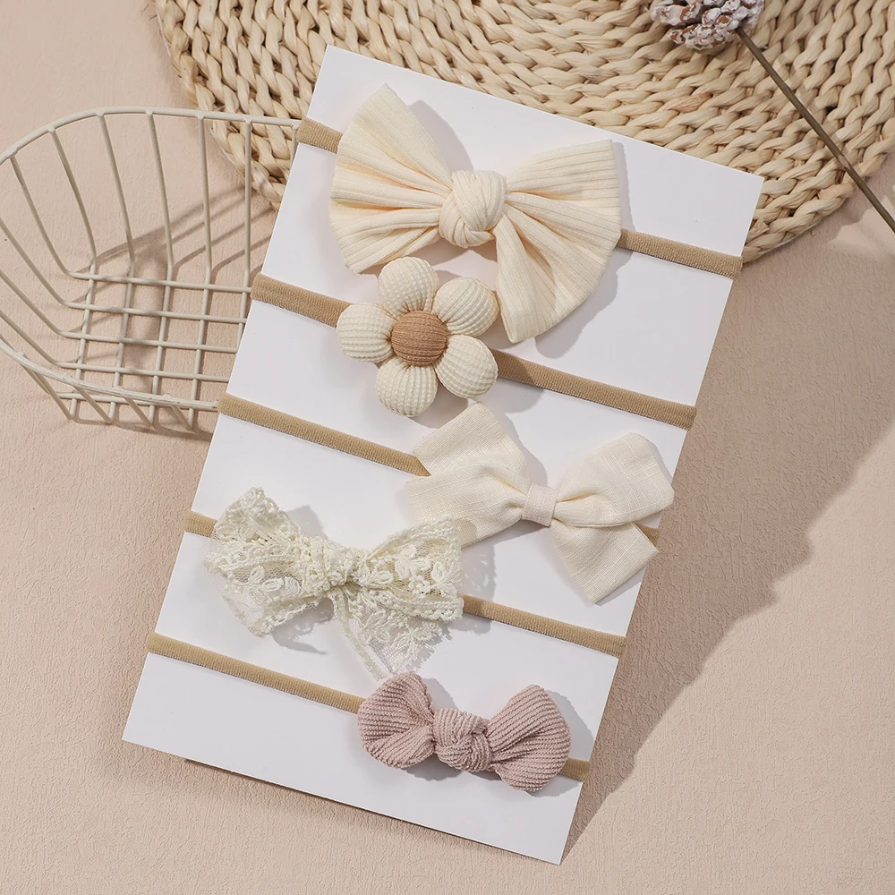 Baby Headband Set - 5Pcs Elastic Apricot Flower Bow Nylon Hair Accessories for Infants and Toddlers