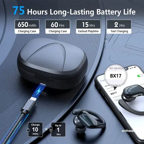 Wireless Earbuds Sport Bluetooth 5.3 Headphones with Noise Cancelling Mic 75H HiFi Stereo Over Ear Bud LED Display USB-C IPX6 - Image 6