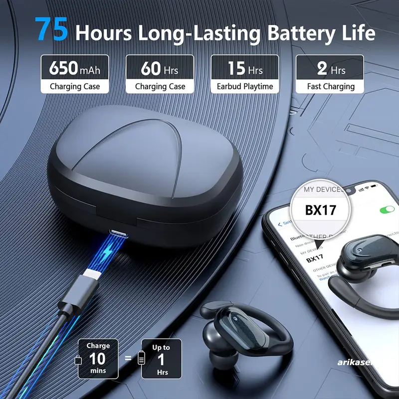 Wireless Earbuds Sport Bluetooth 5.3 Headphones with Noise Cancelling Mic 75H HiFi Stereo Over Ear Bud LED Display USB-C IPX6 - Image 6
