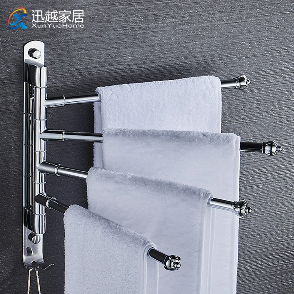 Rotational Hand Towel Bars Rack Shower Multi Rod Hanger Silver Stainless Steel Wall Movable