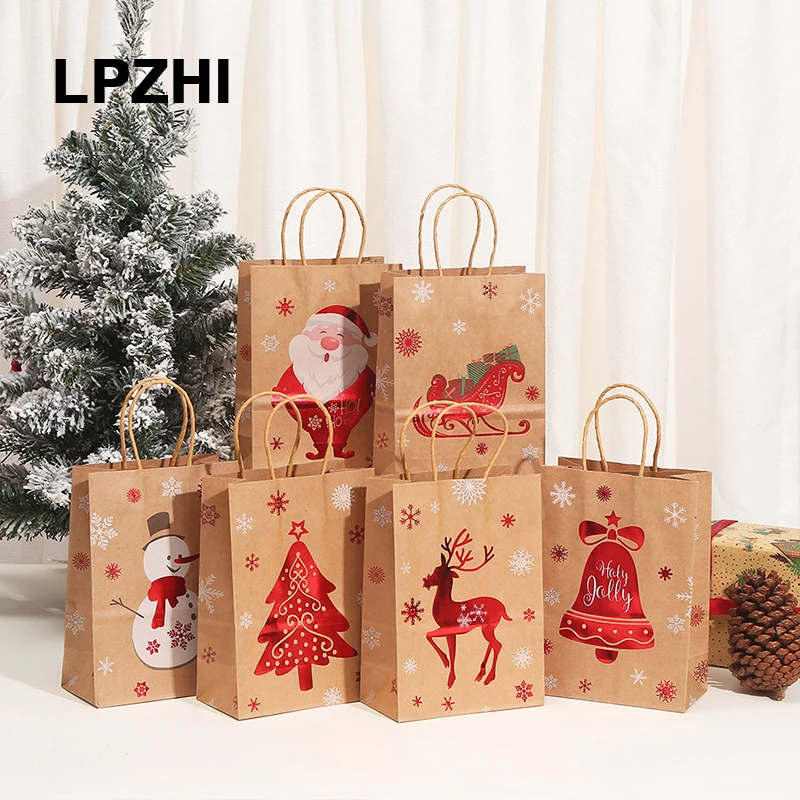 

LPZHI 12Pcs Christmas Kart Paper Bags With Handle Santa Claus Snowman Home New Year Party Candy Packaging Gift Decoration Favors
