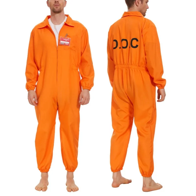 Man Jail Costumes Letter Print Long Sleeve Prison Jumpsuit Halloween Adults Inmate Role-Playing Party Cosplay Outfits
