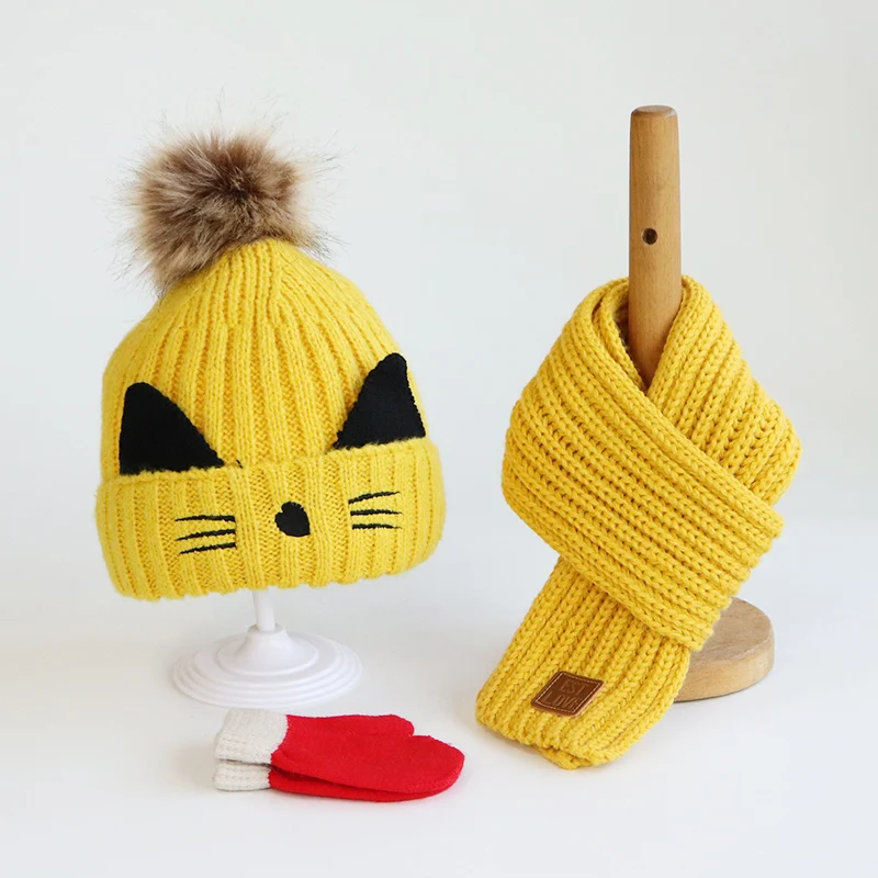 Three-piece plush children's hat scarf gloves autumn/winter suit boys and girls knit hat Kitty baby baby