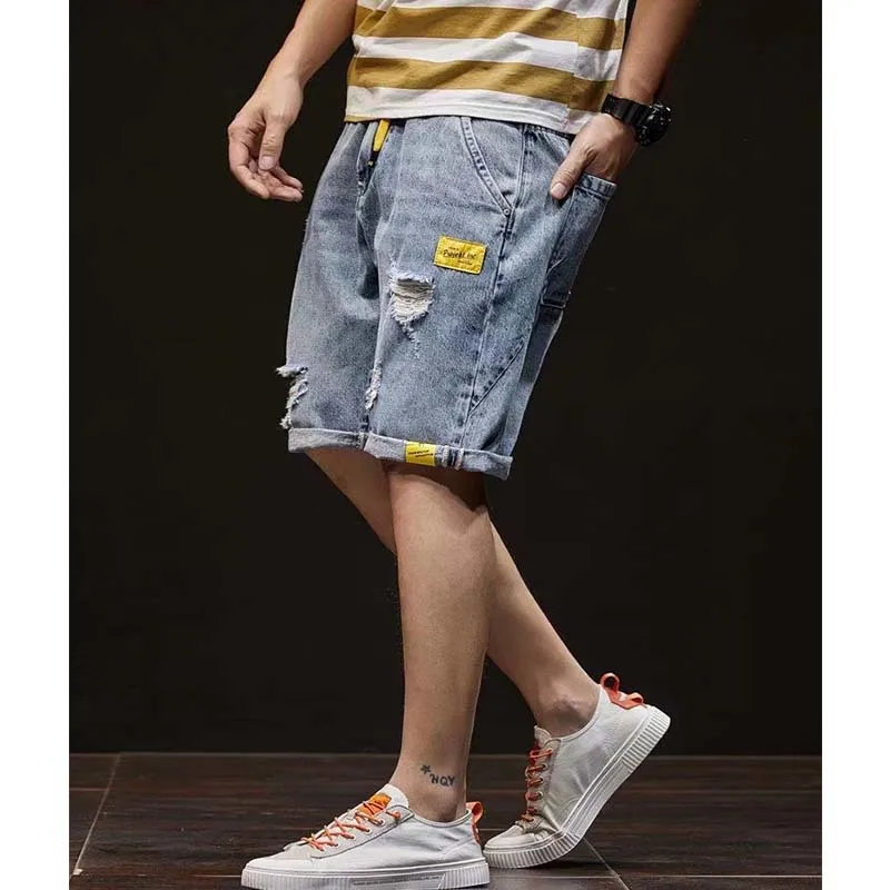 

Summer Men's Fashion Loose Quarter Denim Shorts Casual Elastic Waist Holes Korean Fashion Jeans Shorts Men Hip Hop Pants