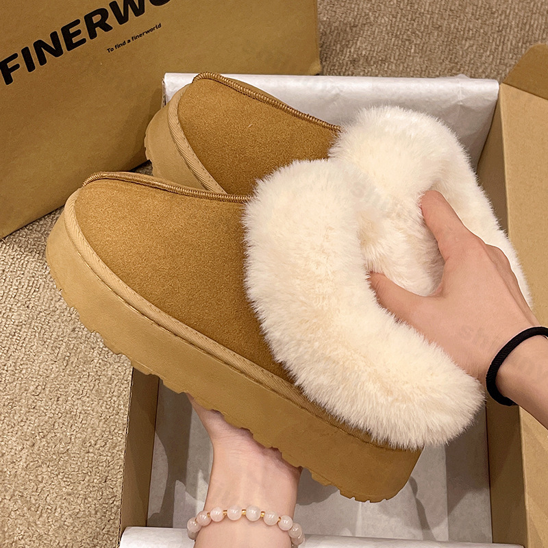 2024 New Snow Boots Winter Women's Slippers Outer Wear Warm Plush Cotton Shoes Retro Brown Women's Snow Boots Platform Mules