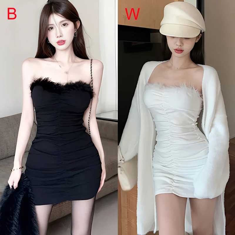 섹시한 순수 욕망 레트로 단색 봉제 스티치 디자인, 민소매 스트랩리스 패키지 힙 원피스, 한국 버전, 여름 패션