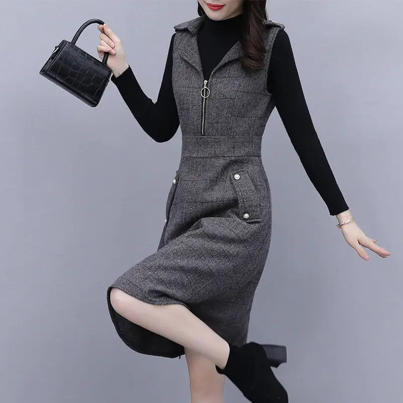 Casual Woolen Dress Two Peice Suit Women Gray Turn Down Collar Sleeveless Dress And Pullover Sweater Outfits Oversized Plaid Set
