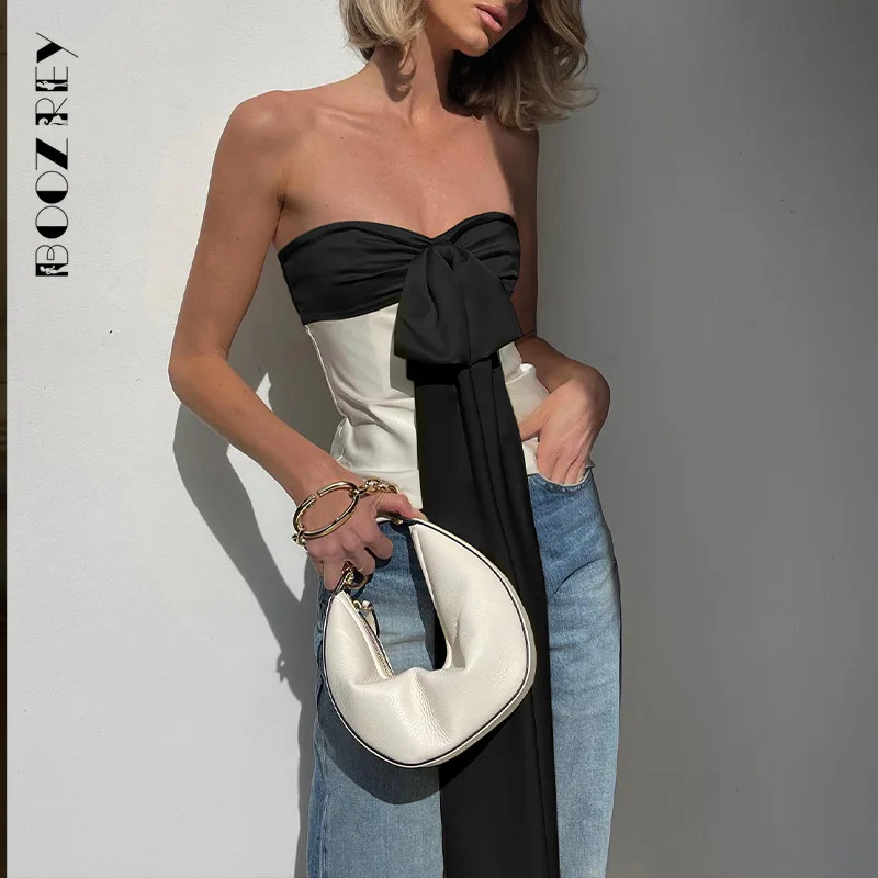 

Женский Атласный топ без рукавов BoozRey, с открытыми плечами и бантом в стиле пэчворк, новинка 2023, модные сексуальные облегающие топы, искусственная кожа, одежда для ночного клуба