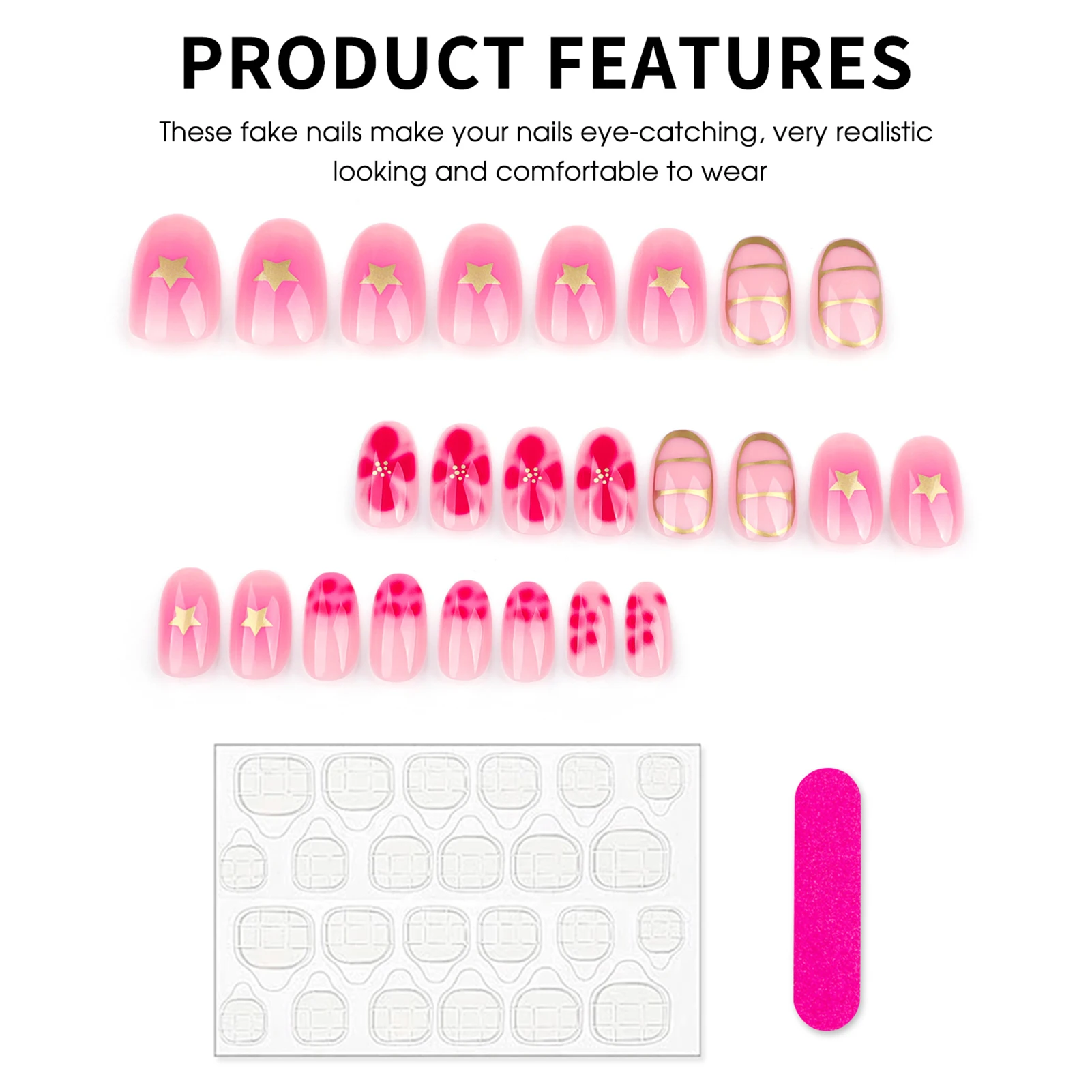 Tragbare süße Blumensterne kurze runde künstliche Nägel 24 Stück Mandel Press On Nails Pink Blush French Fake Nails Fashion Y2k Nail Art – Detail 8