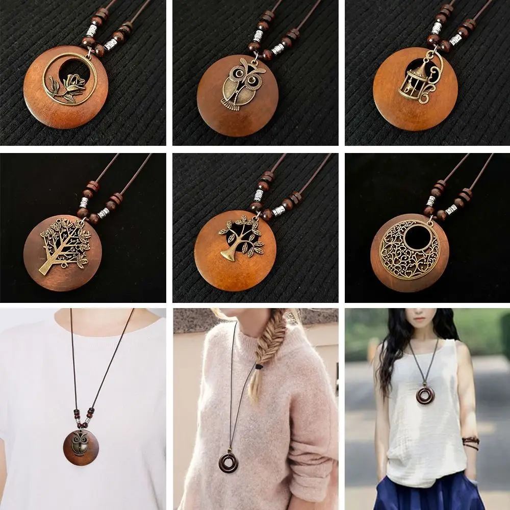 Vintage Wooden Owl Pendant Necklace - Ethnic Long Chain Jewelry