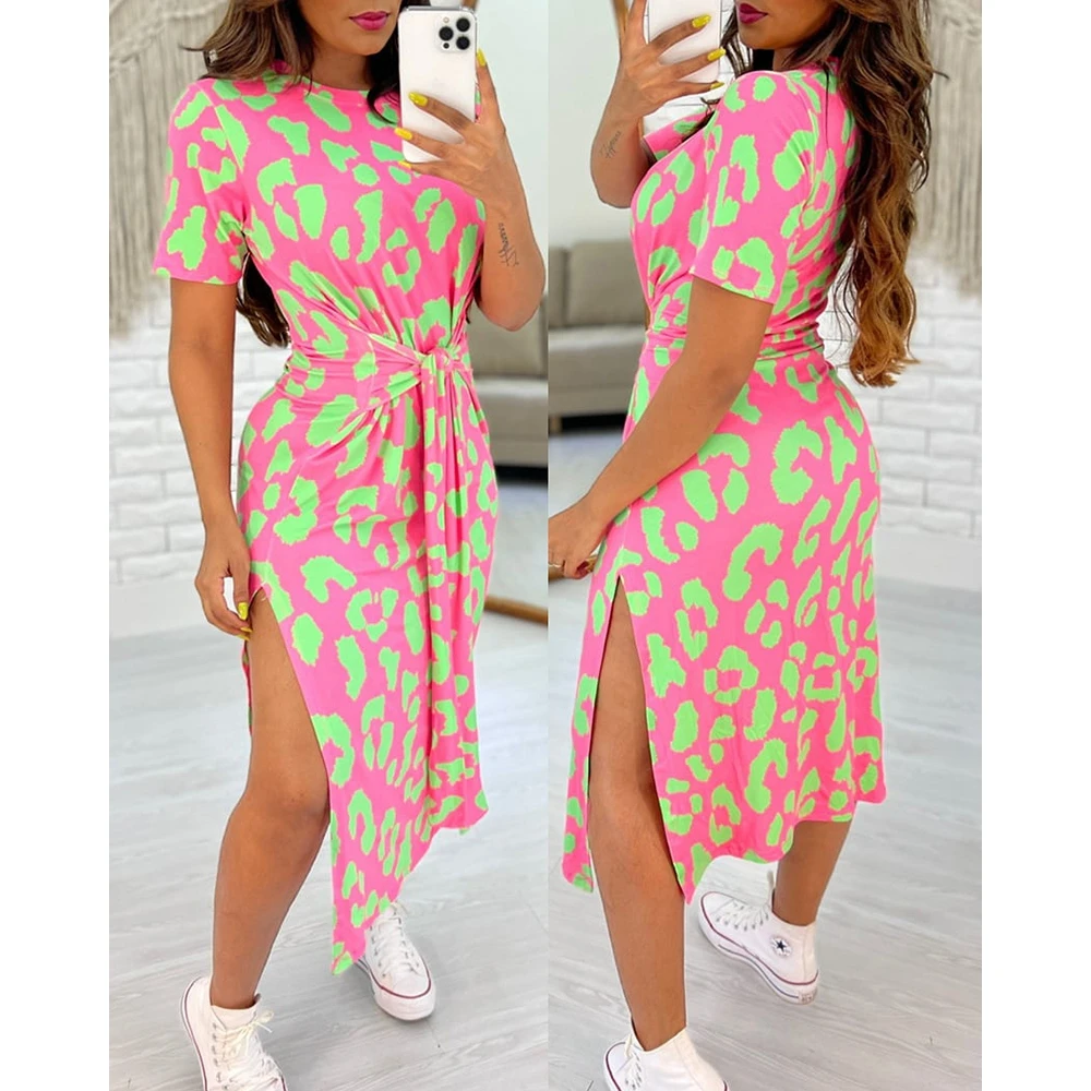 

Women Leopard Print Tied Side Slit Casual Pink Dress Women Short Sleeve Mock Neck Dressess Summer Outfits Vestidos Elegantes