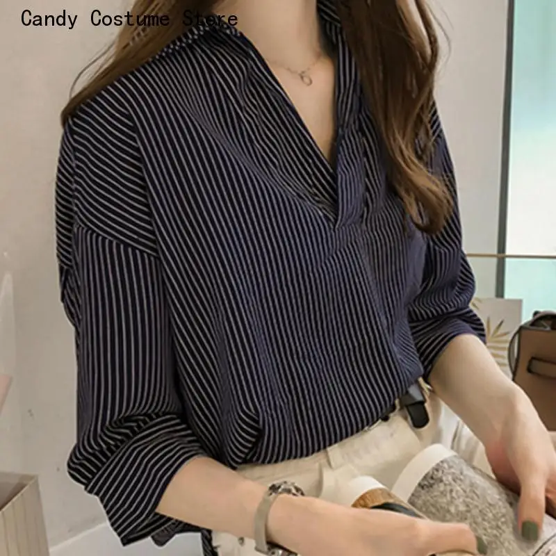 

Style Trendy Striped V-Neck Loose Top Womens Straight Three Quarter Shirt Elegant Lady Hot Sale Soft Shirts Women Korean
