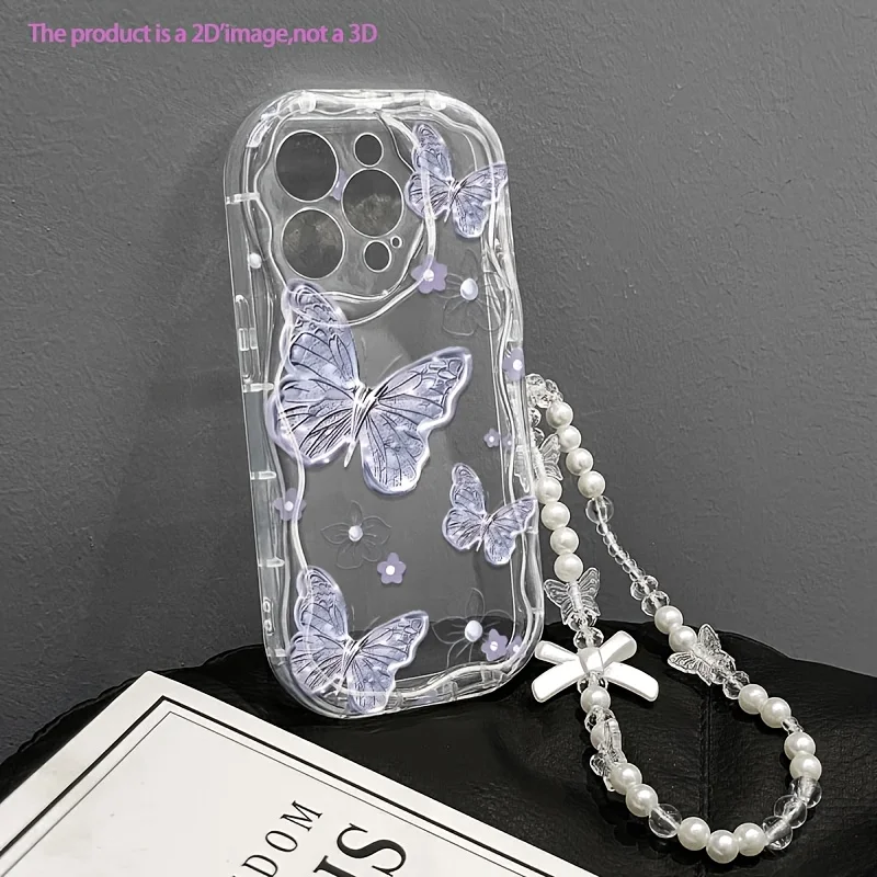 Purple Butterfly 3D Ripple Texture Lanyard Phone Case - Shockproof TPU Cover