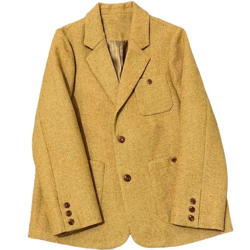 

Women's Commuter Suit Blazers 2023 Autumn/Winter New Single breasted Yellow Camel Herringbone Pattern Female Casual Suit Jacket