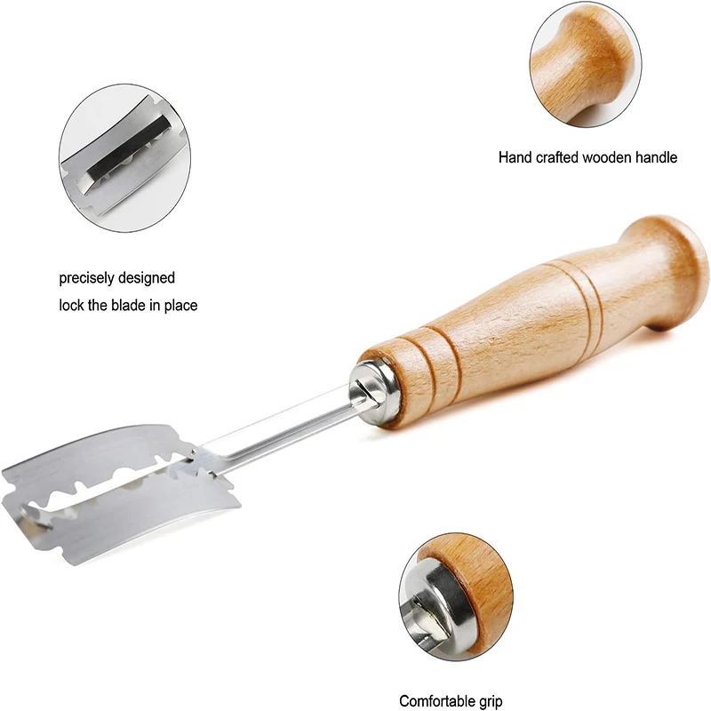 Cake slicer bread cutter wooden handle lame slashing tool 5 razor blades leather cover curved dough scoring knife