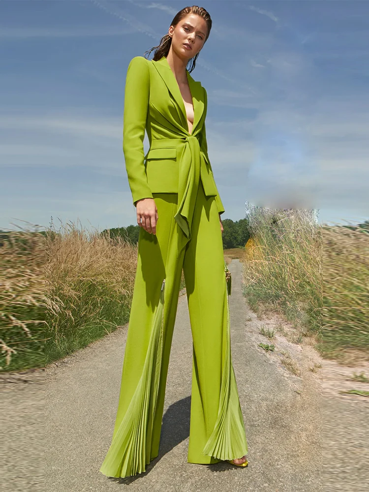 

HIGH QUALITY Newest Fashion 2023 Designer Runway Suit Set Women's Belted Blazer Jacket Wide Leg Pleated Pants Set Two pieces