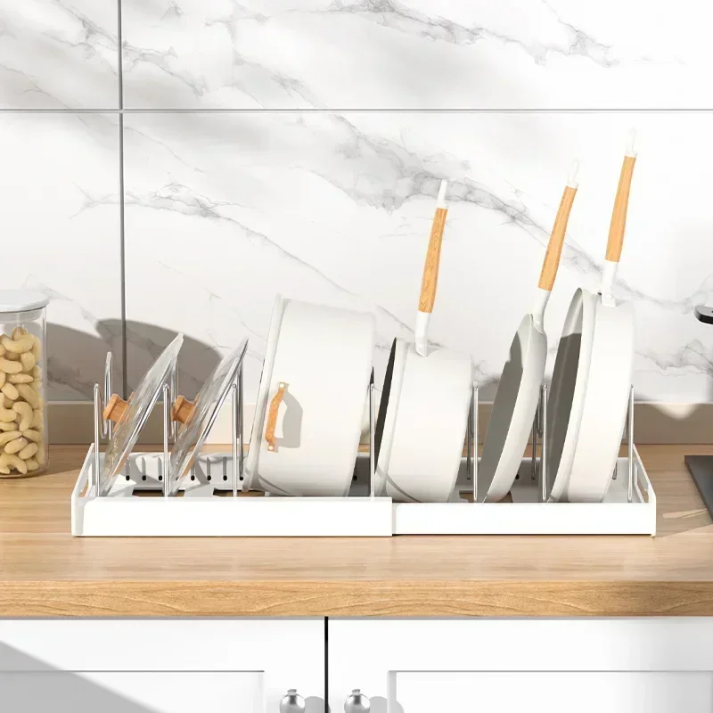 Expandable Dish Rack Pans Organizer Rack Adjustable Compartments Dish Storage Rack Pot Lid Organizer Kitchen Utensils Rack 2