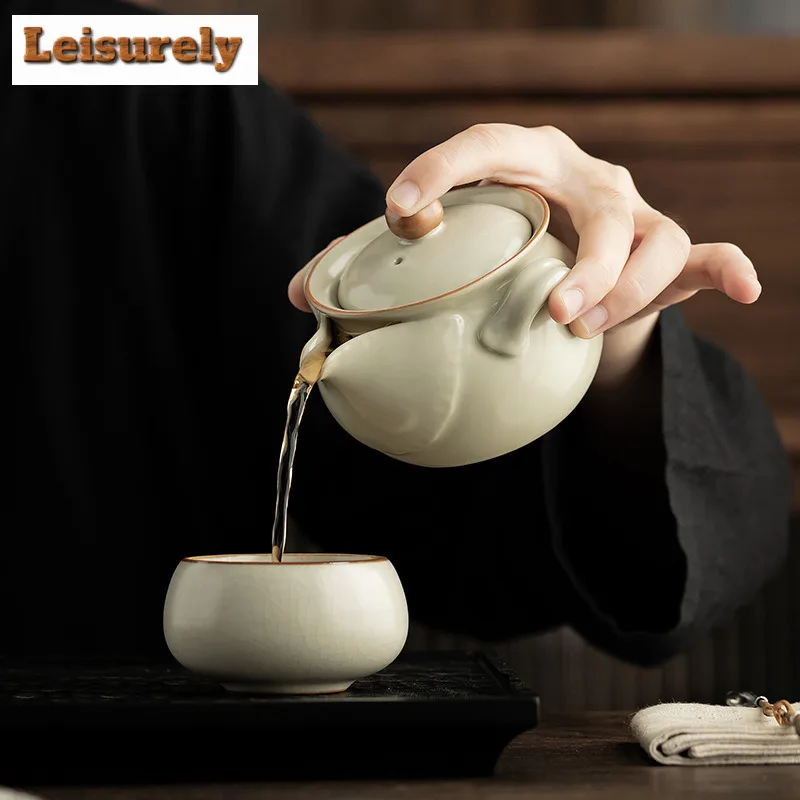 200ML Antique Pink Ru Kiln Hand-held Teapot Not Hot Hand Pot Household Tea Brewing Kettle With Strainer Kungfu Teaset Decoration