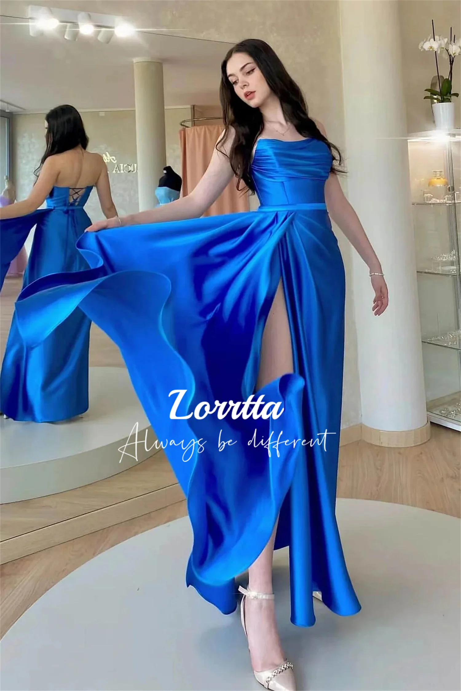 

Lorrtta Sweetheart Collar Back Strap Side Slit Blue Strapless Satin Elegant Dress for Women Gala Ball Gown Women's Long Evening