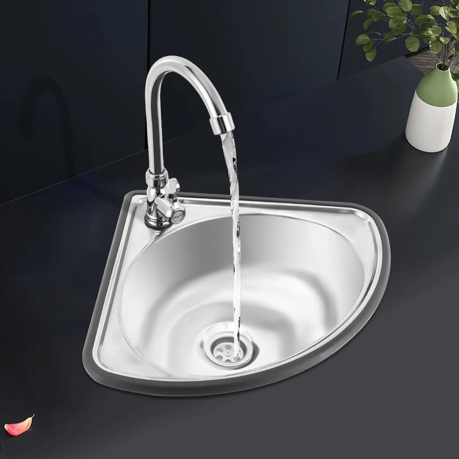 Stainless Steel Single Triangle Corner Sink with Faucet, Mini Bar Sink 5