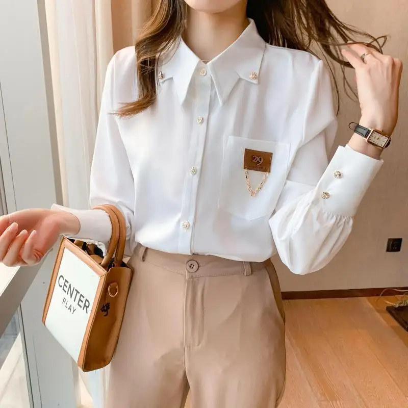 Women Clothing Anti-Wrinkle Pockets Chain Chiffon Shirts Korean Fashion Solid Long Sleeve Career Blouse Female Tops