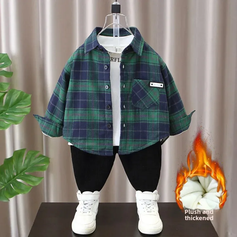 Thickened Flannel Children's Shirt Winter Plaid Patterned Casual Inner Wear for Boys Warm Outerwear Versatile Casual Top
