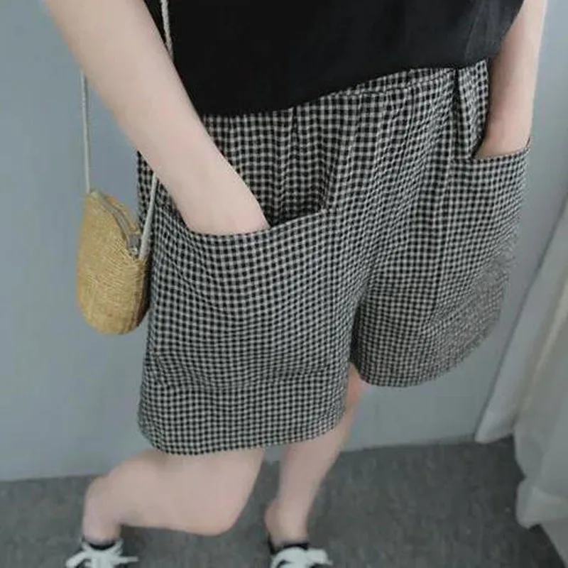 Korean Casual Plaid Wide Leg Shorts Female Summer Women's Clothing Elastic High Waist Fashion All-match Pockets Spliced Shorts