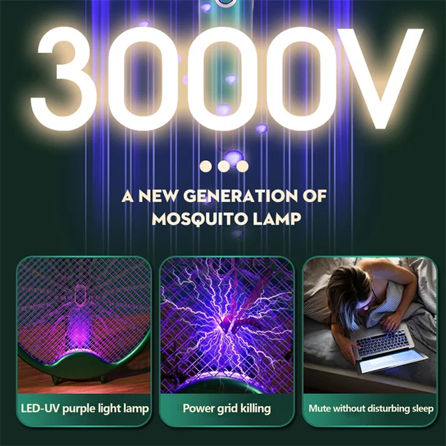 2 Az 1 -Ben Összecsukható Szúnyog Ütő Usb Újratölthető Légy Zapper Swatter Uv Könnyű Szúnyoggyilkos Csapdával 3000V Nyári Éjszakai Alvás - Image 3