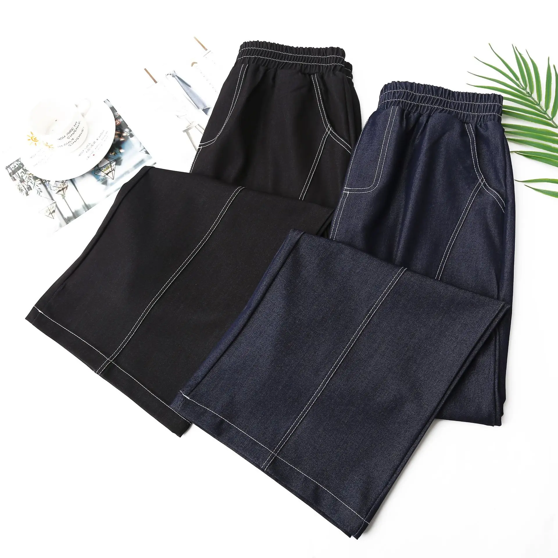 Fashion Plus Size Women's Jeans Autumn Style High Waist Bright Line Lyocell Denim Straight Leg Pants 8593